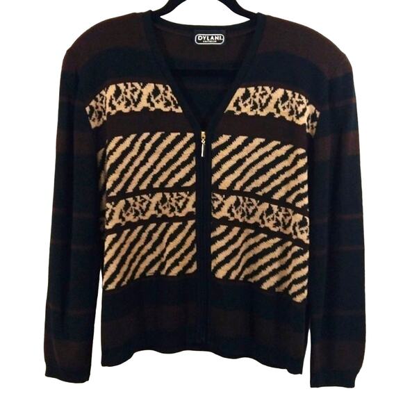 A Vintage Dylani Knitwear Zebra Leopard Print Brown Striped Full Zip Sweater L - Picture 1 of 10